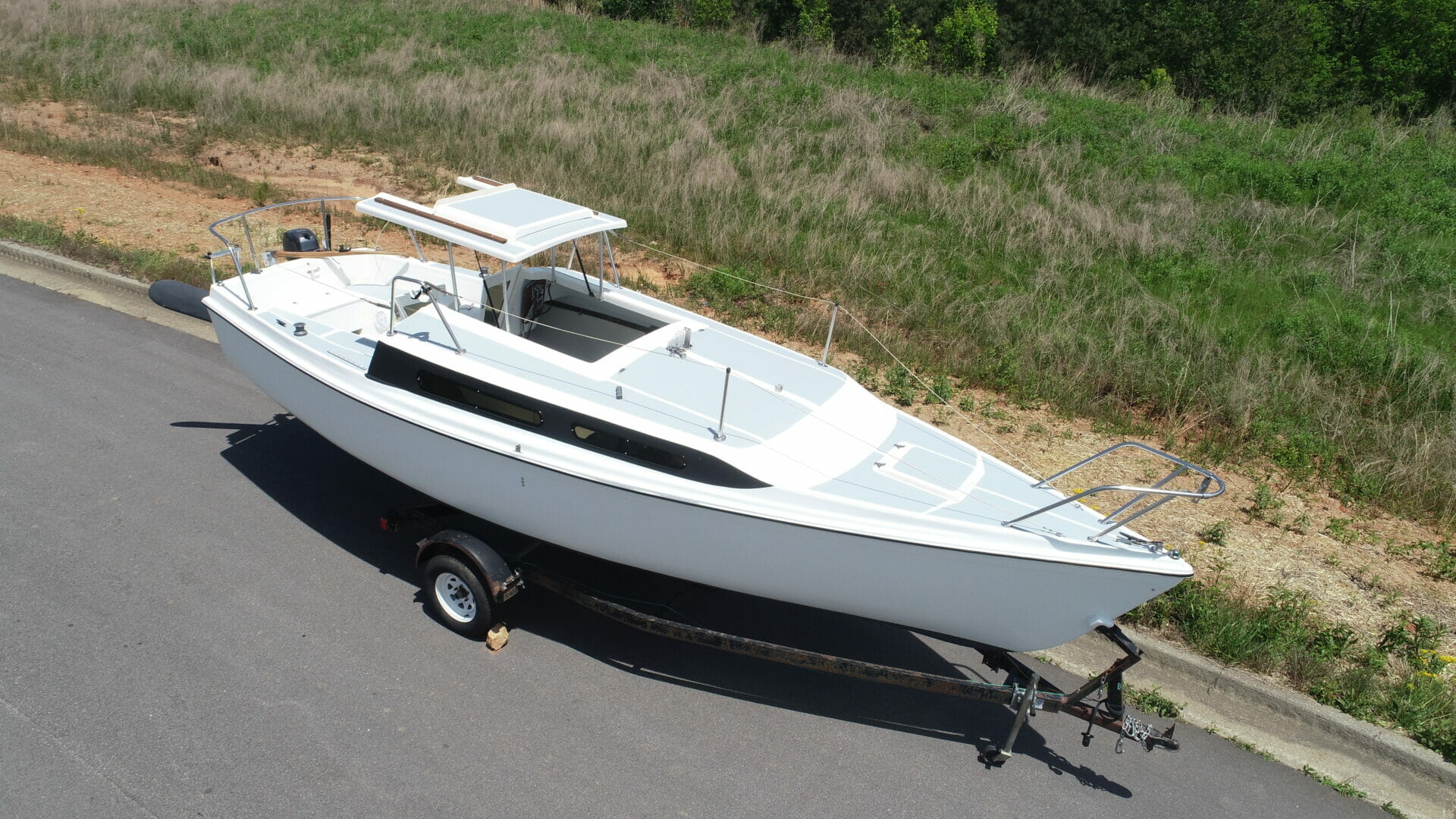 White boat overhead view